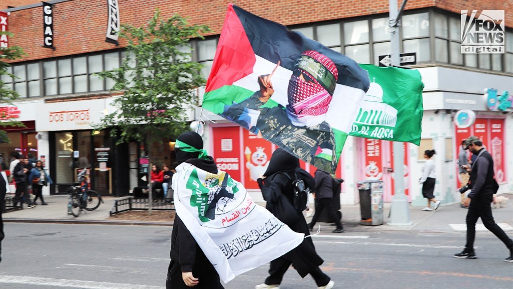 Masked protesters carry Hamas flags at NYC Manhattan protest Friday