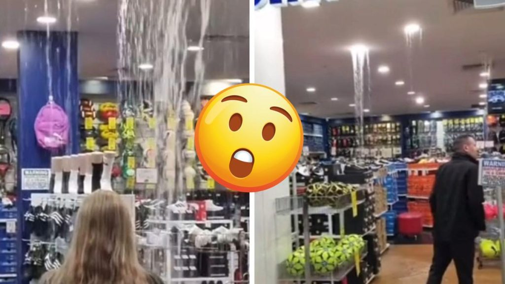 Perth weather: Wild footage shows ceiling of shoe store in Rockingham spurting out water after heavy rain