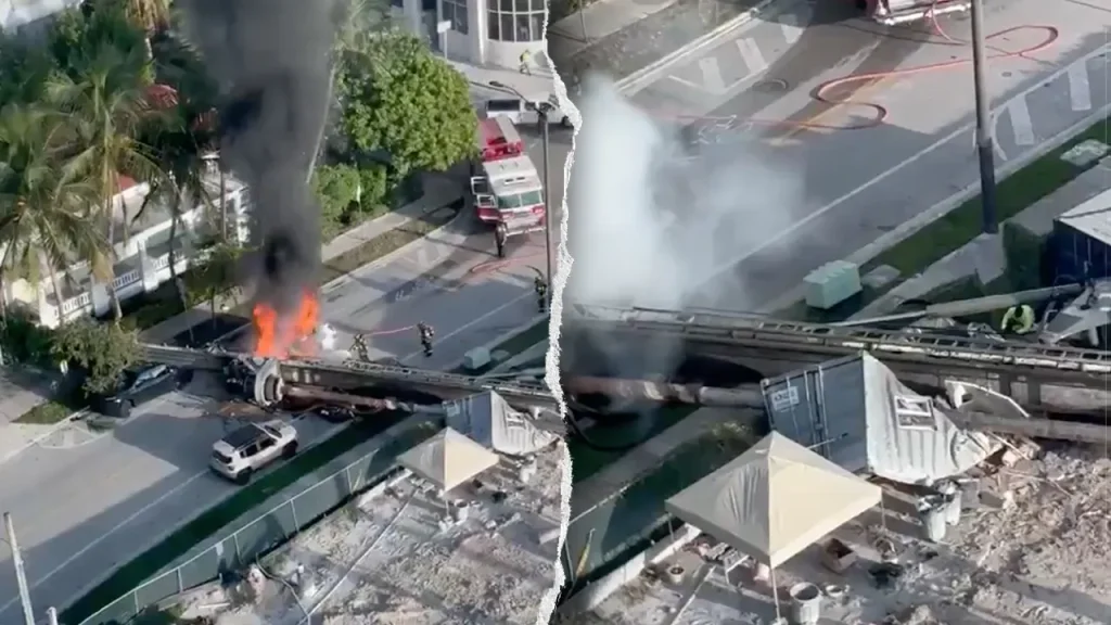 Construction rig collapses onto 3 vehicles in Miami, traps 2 workers